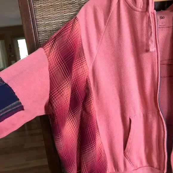 Coral Patchwork Upcycled Hoodie, Size M-L: Boho Cottagecore Zip-Up Jacket - Picture 14 of 15